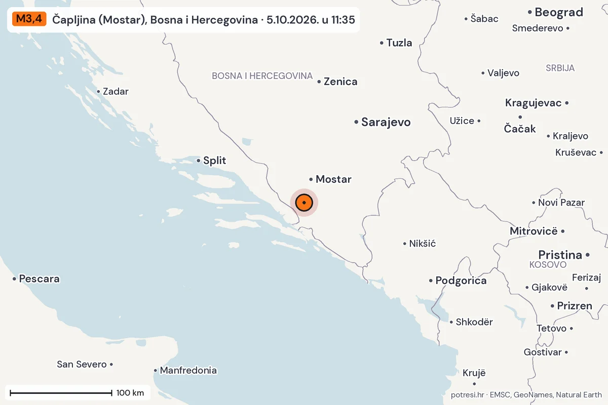 Karta: šire područje, 600 km, potres M3,4, Čapljina (Mostar), Bosna i Hercegovina, 5.10.2026.