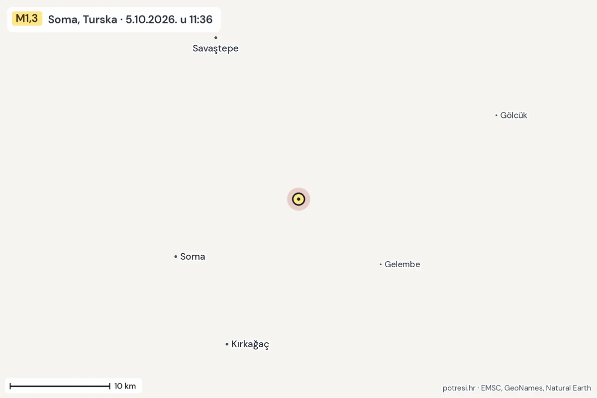 Karta: okolica epicentra, 60 km, potres M1,3, Soma, Turska, 5.10.2026.