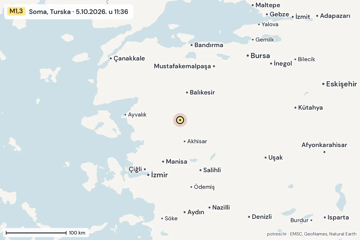 Karta: šire područje, 600 km, potres M1,3, Soma, Turska, 5.10.2026.