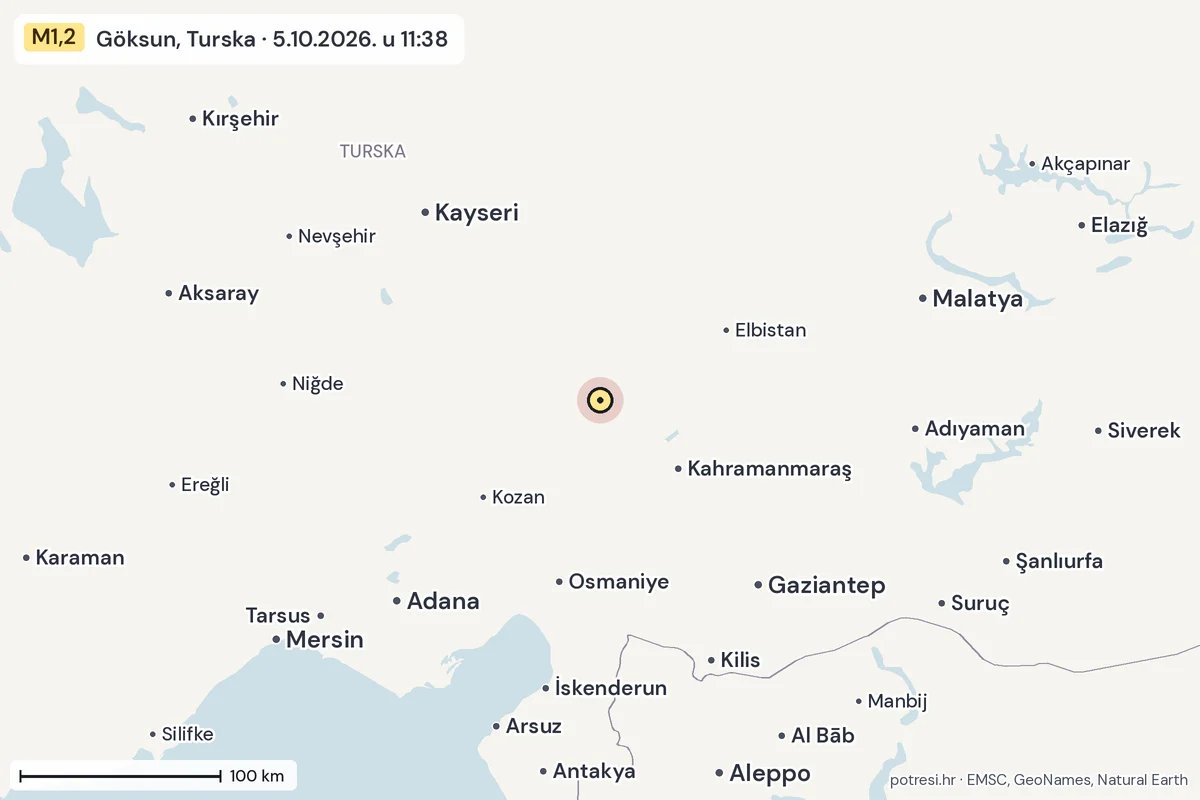 Karta: šire područje, 600 km, potres M1,2, Göksun, Turska, 5.10.2026.