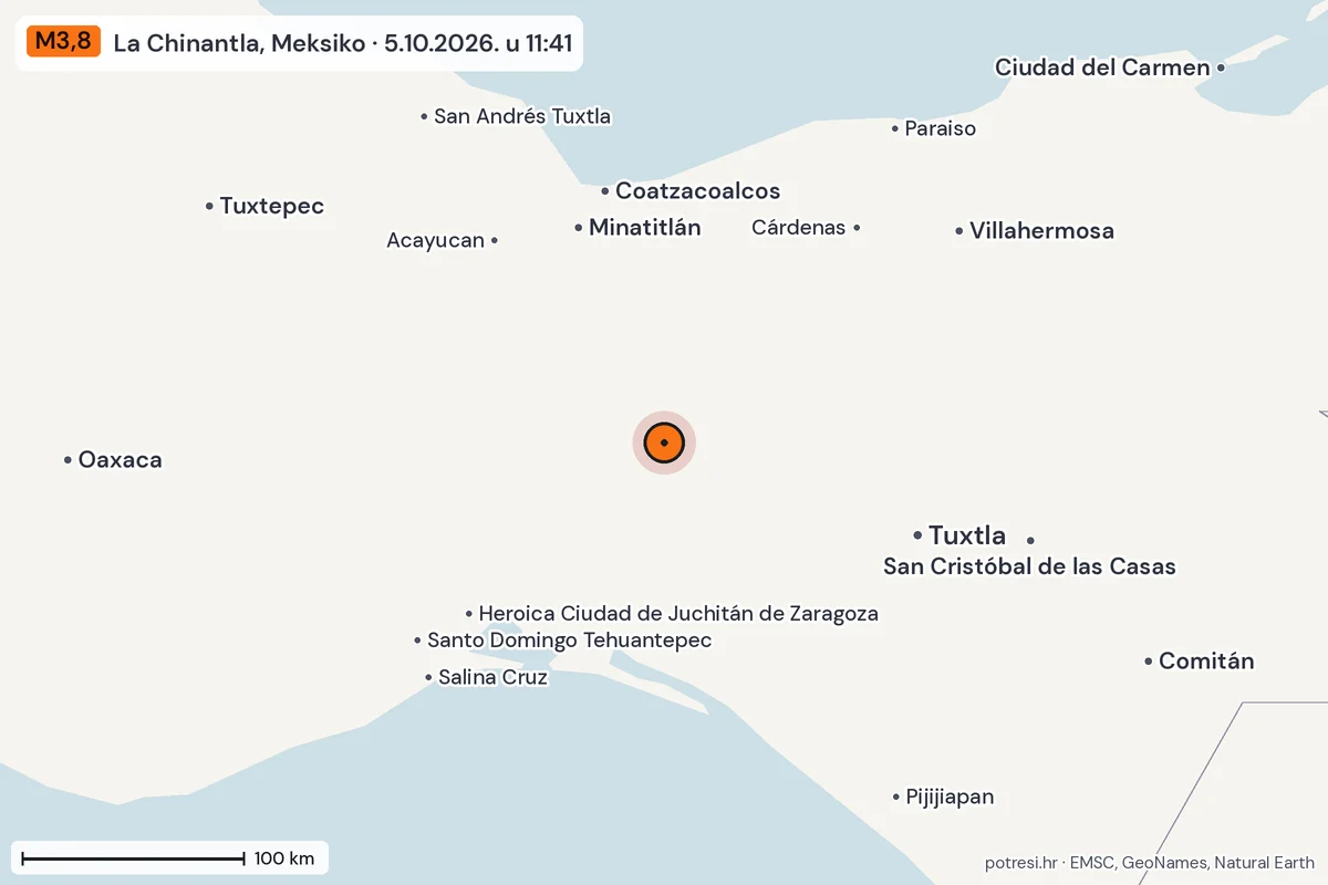 Karta: šire područje, 600 km, potres M3,8, La Chinantla, Meksiko, 5.10.2026.