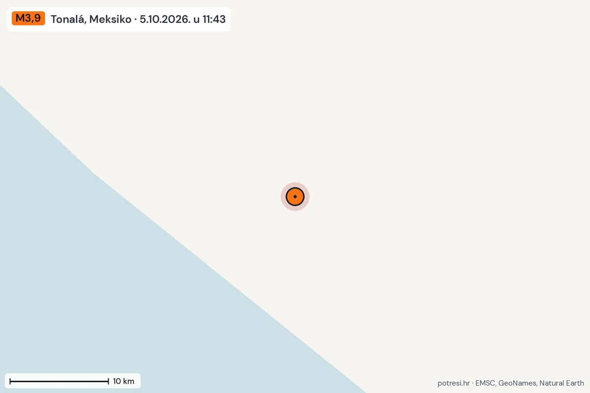 Karta: okolica epicentra, 60 km, potres M3,9, Tonalá, Meksiko, 5.10.2026.