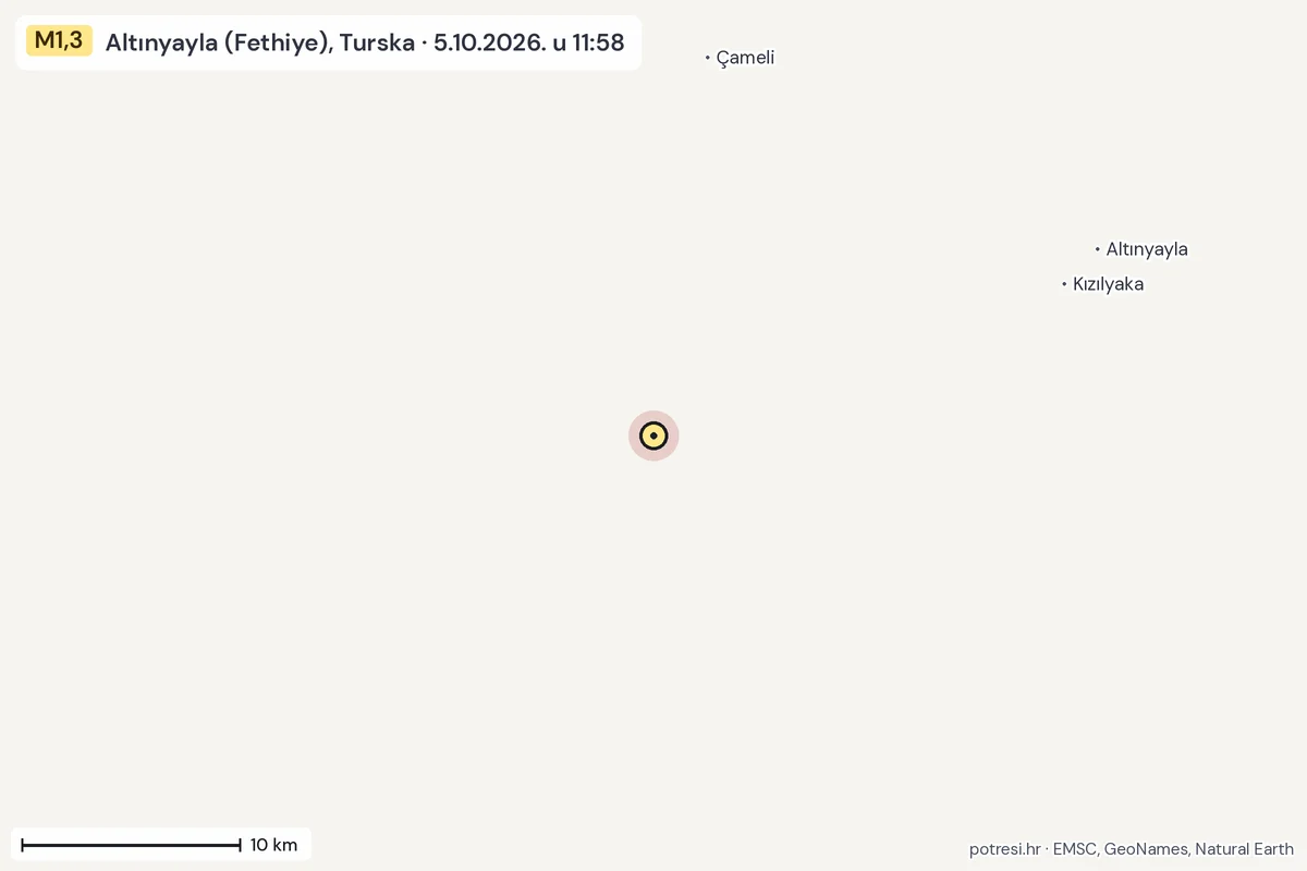 Karta: okolica epicentra, 60 km, potres M1,3, Altınyayla (Fethiye), Turska, 5.10.2026.