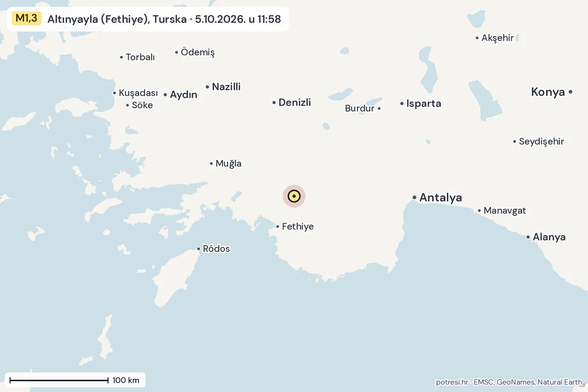 Karta: šire područje, 600 km, potres M1,3, Altınyayla (Fethiye), Turska, 5.10.2026.