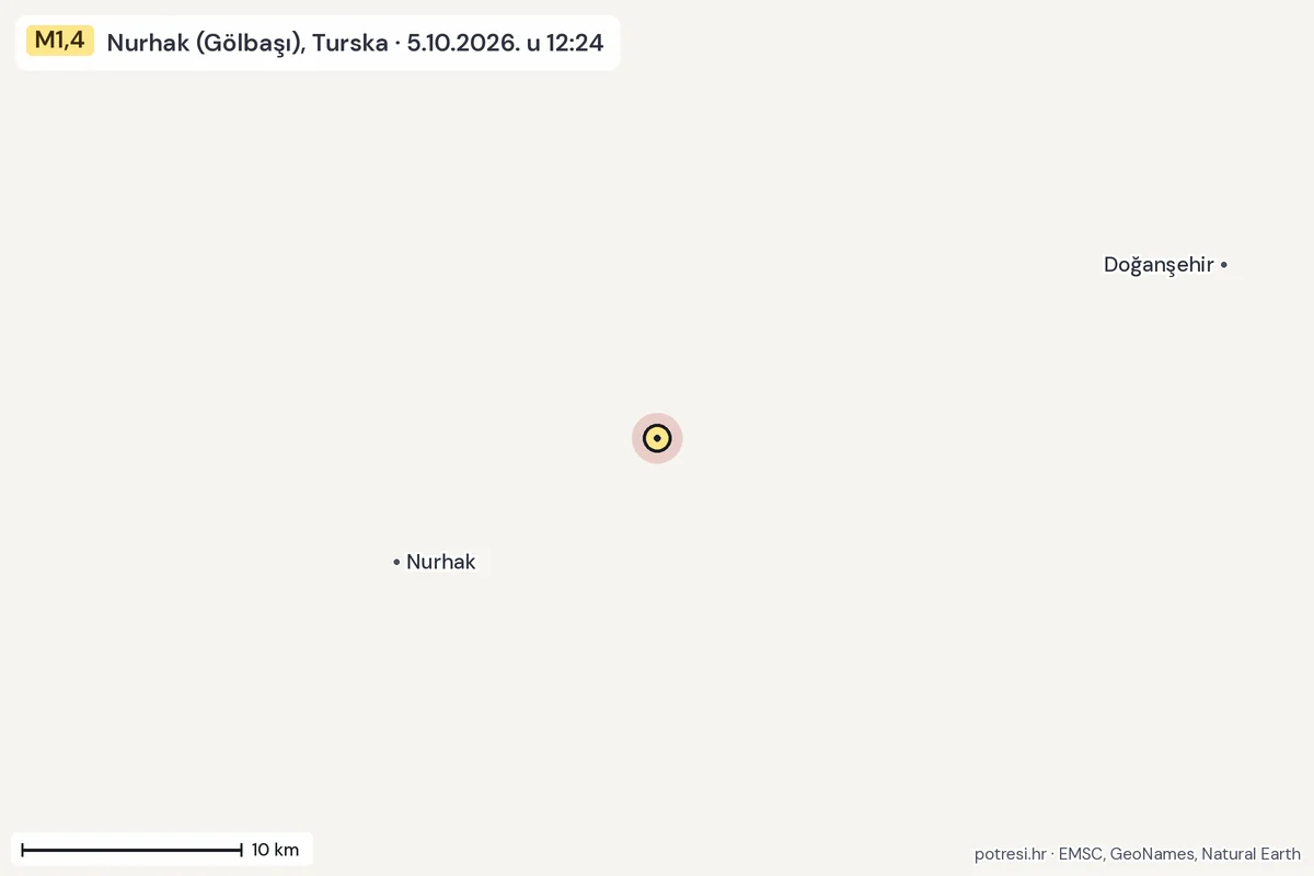Karta: okolica epicentra, 60 km, potres M1,4, Nurhak (Gölbaşı), Turska, 5.10.2026.