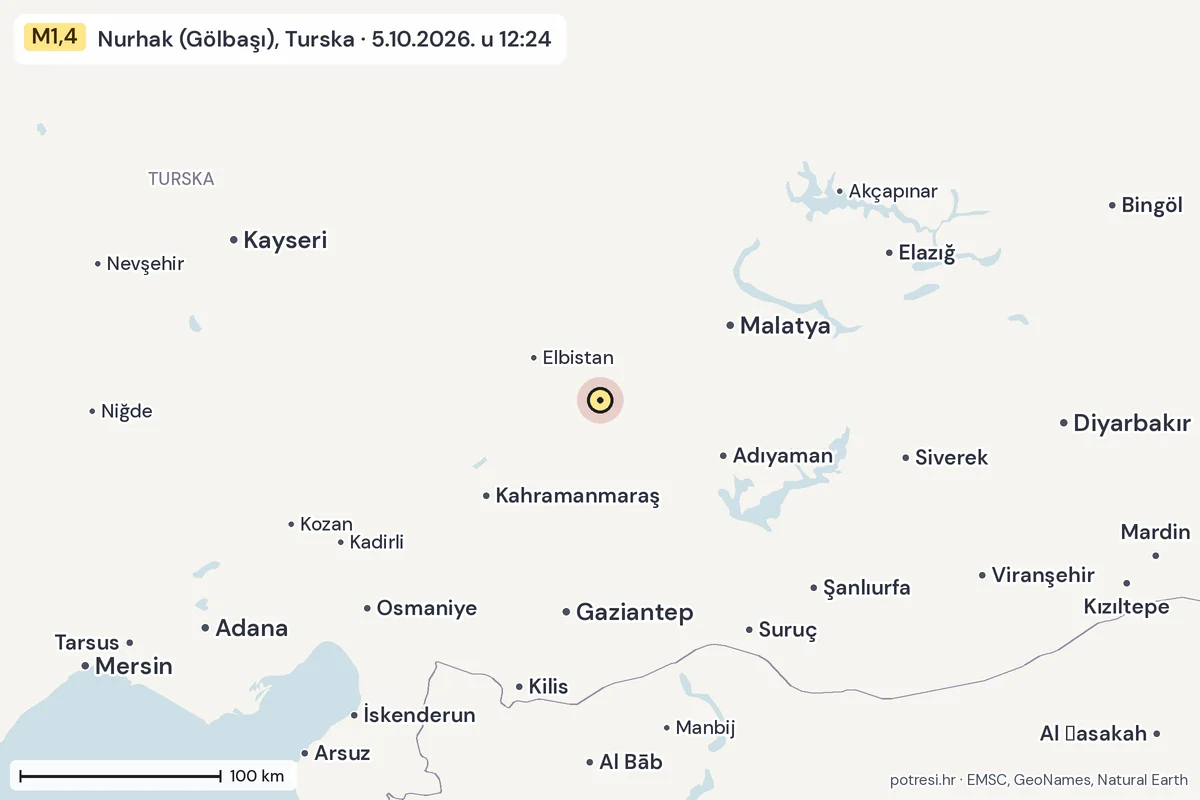 Karta: šire područje, 600 km, potres M1,4, Nurhak (Gölbaşı), Turska, 5.10.2026.