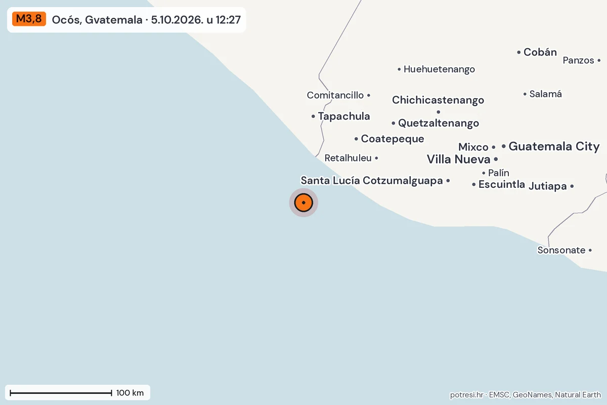 Karta: šire područje, 600 km, potres M3,8, Ocós, Gvatemala, 5.10.2026.