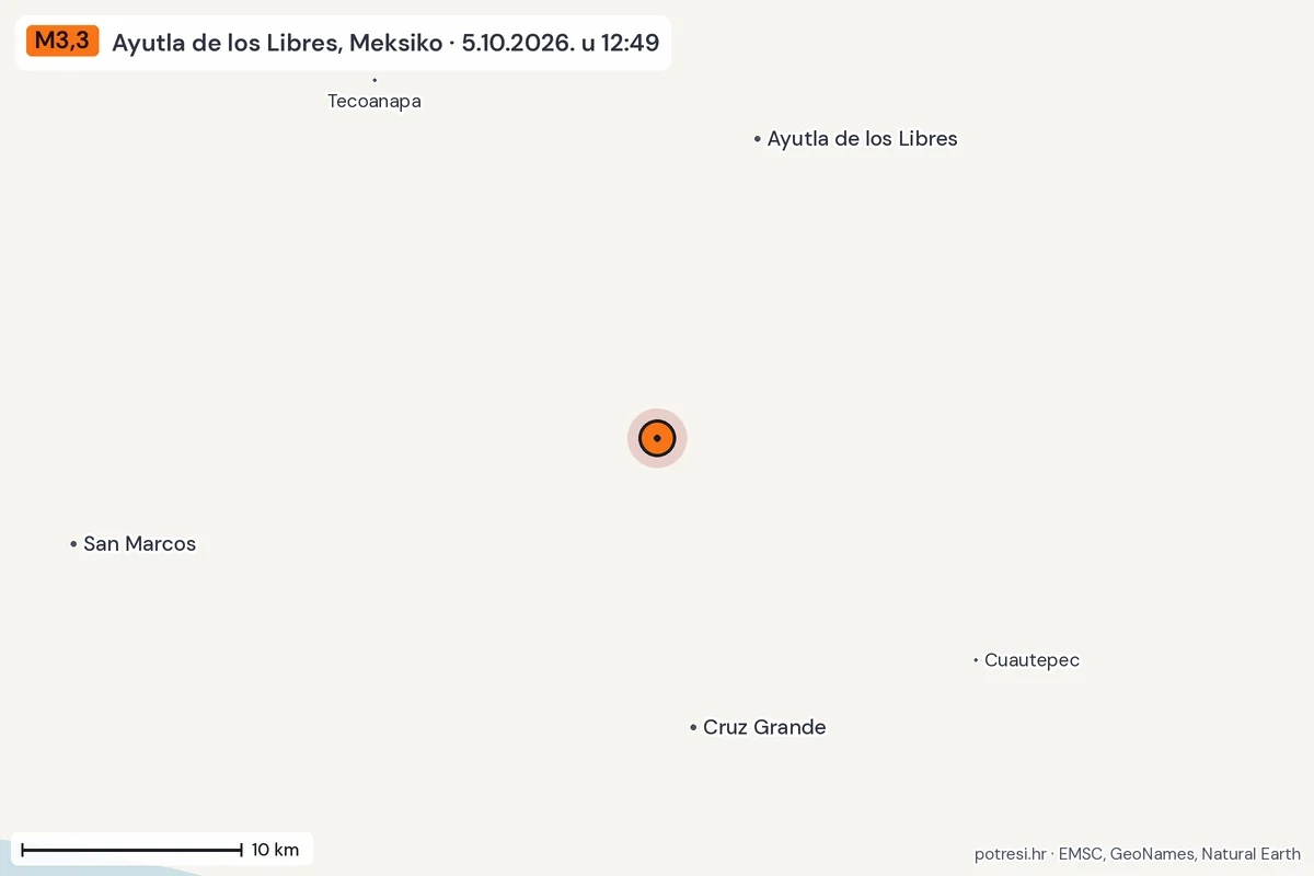 Karta: okolica epicentra, 60 km, potres M3,3, Ayutla de los Libres, Meksiko, 5.10.2026.