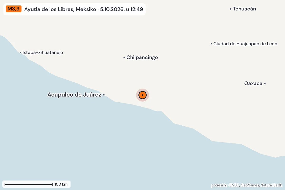 Karta: šire područje, 600 km, potres M3,3, Ayutla de los Libres, Meksiko, 5.10.2026.