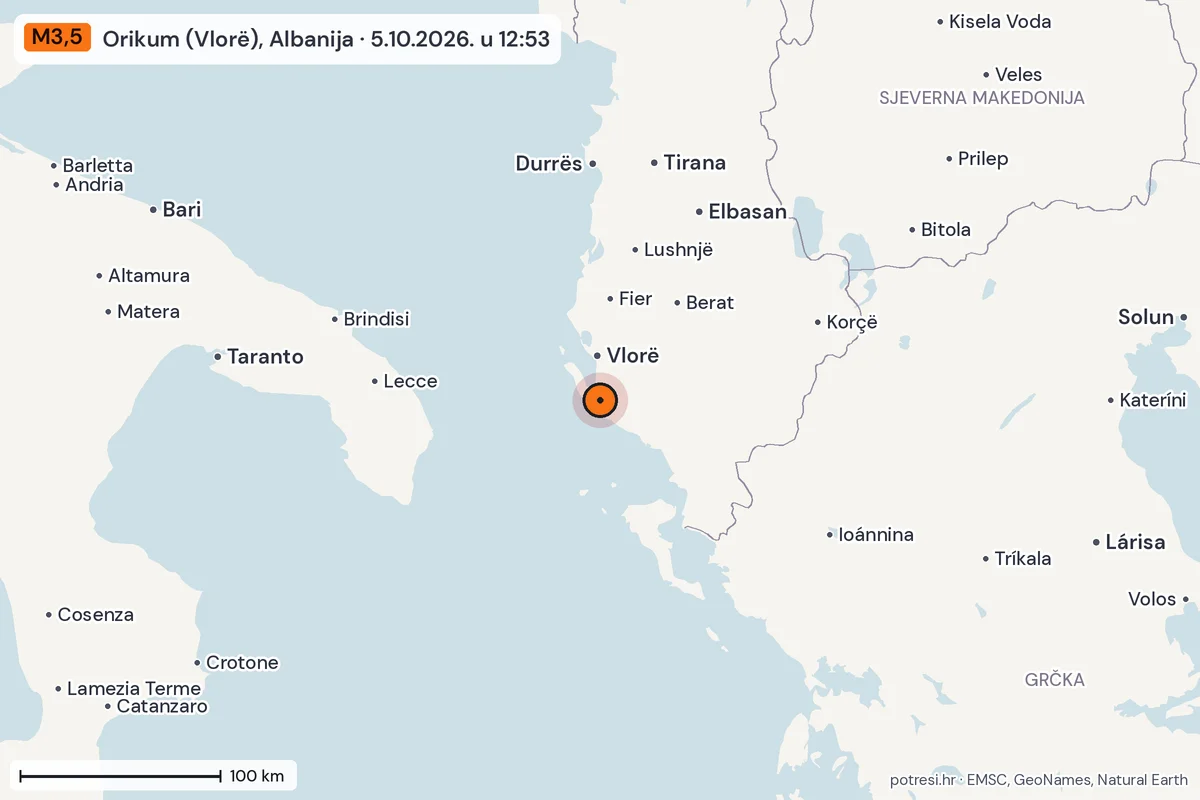 Karta: šire područje, 600 km, potres M3,5, Orikum (Vlorë), Albanija, 5.10.2026.