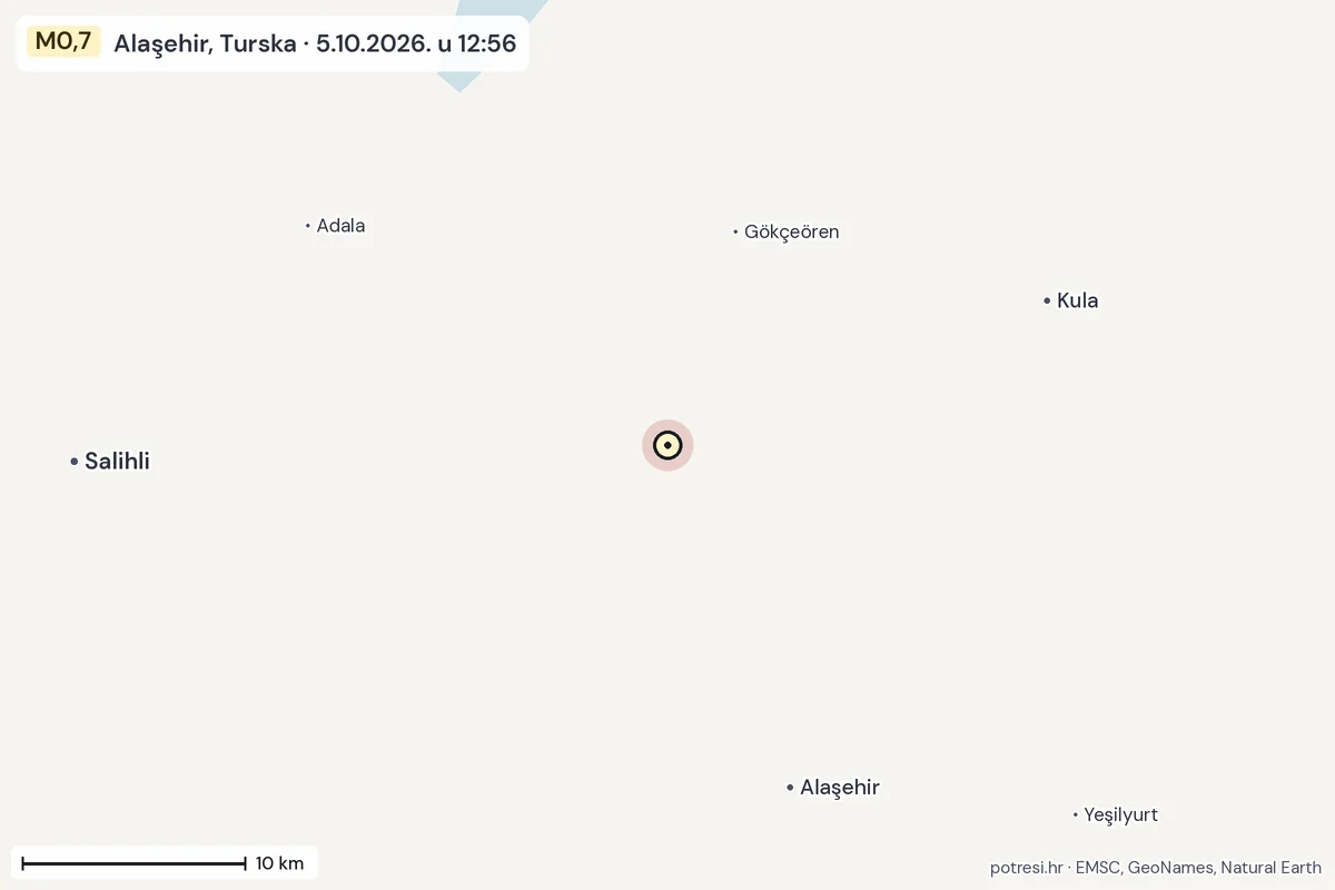Karta: okolica epicentra, 60 km, potres M0,7, Alaşehir, Turska, 5.10.2026.