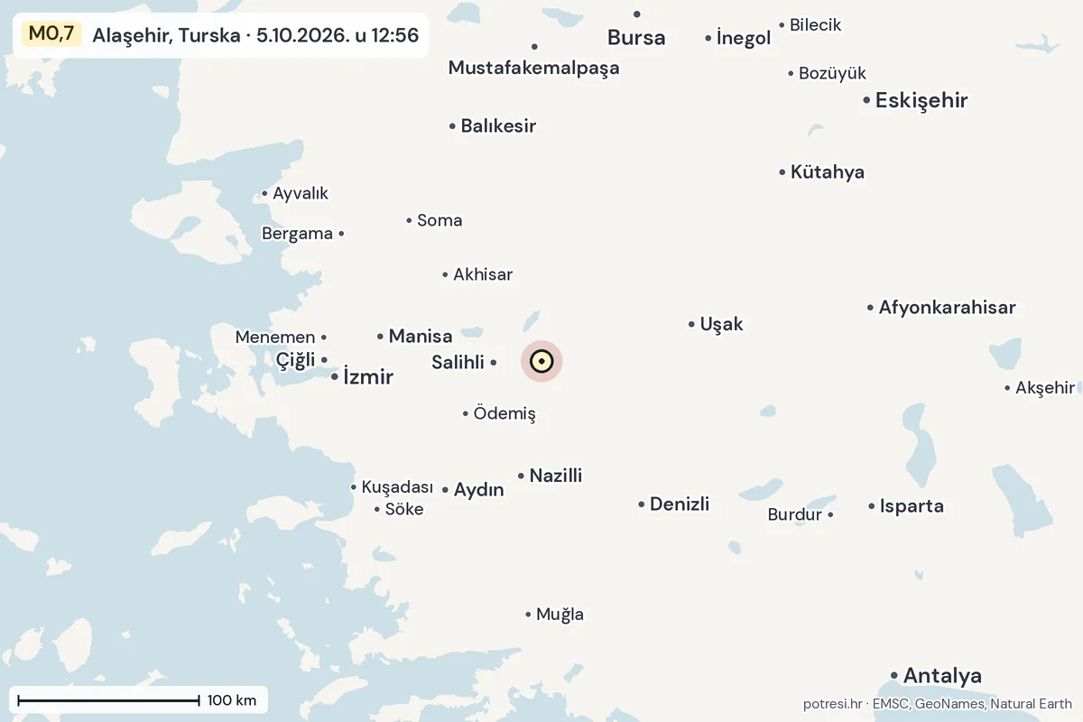 Karta: šire područje, 600 km, potres M0,7, Alaşehir, Turska, 5.10.2026.