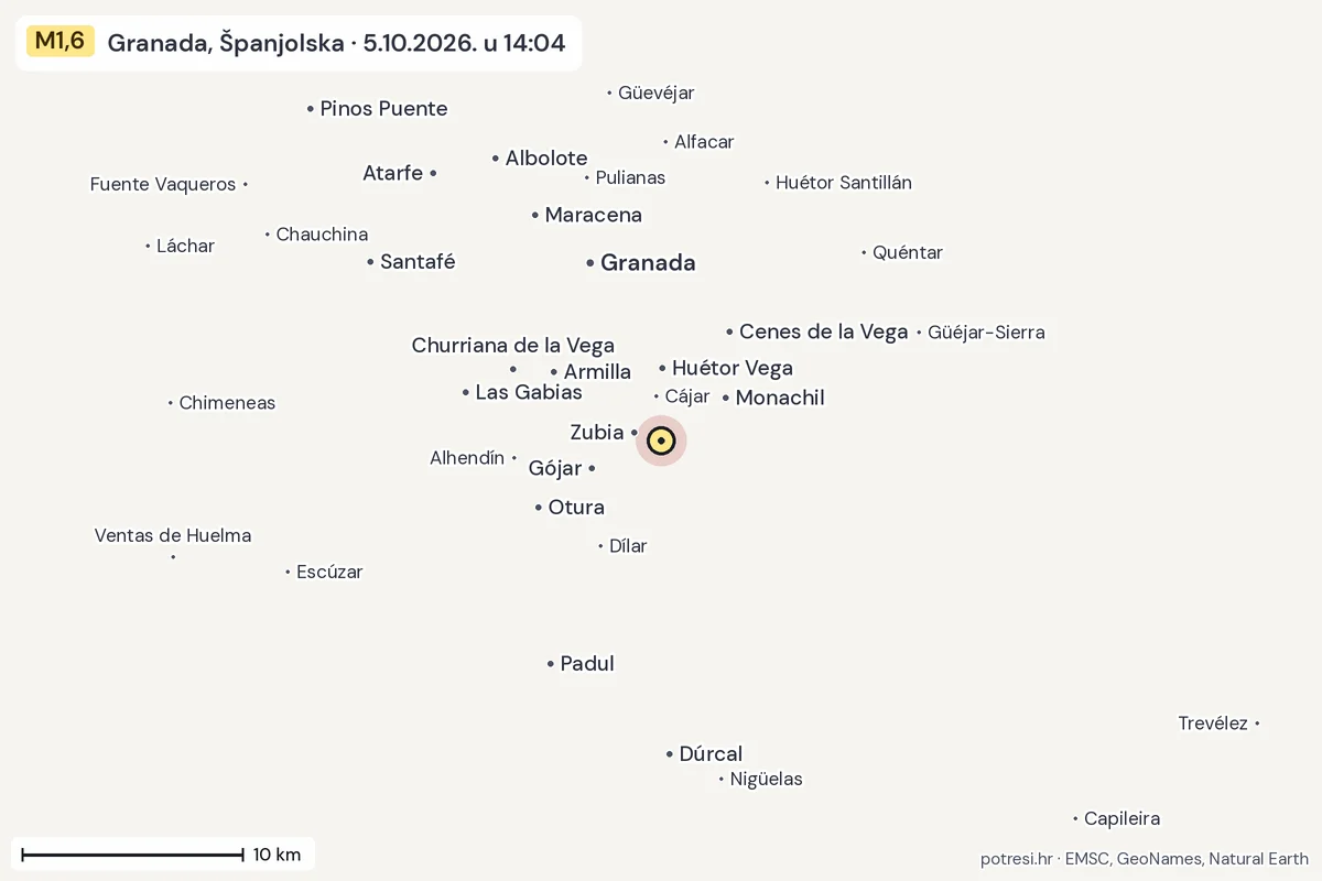 Karta: okolica epicentra, 60 km, potres M1,6, Granada, Španjolska, 5.10.2026.