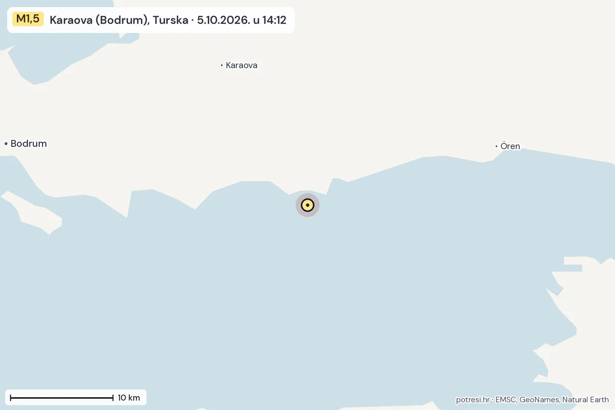 Karta: okolica epicentra, 60 km, potres M1,5, Karaova (Bodrum), Turska, 5.10.2026.