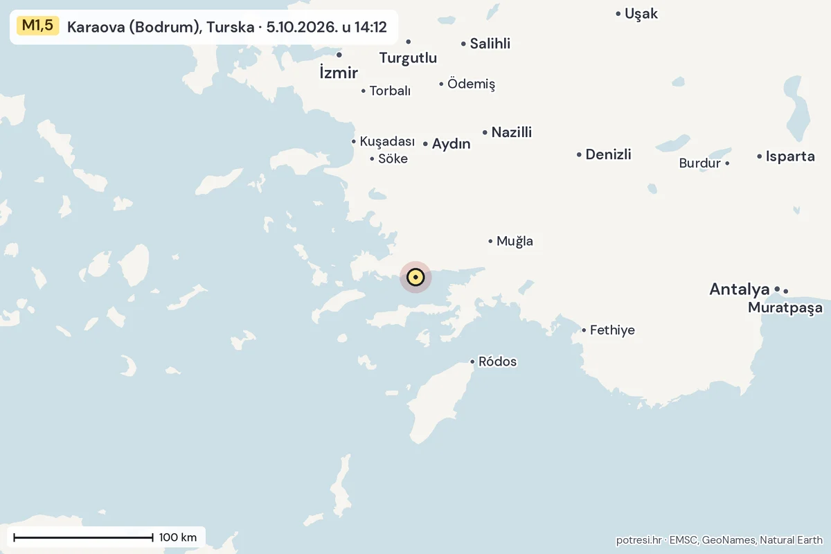 Karta: šire područje, 600 km, potres M1,5, Karaova (Bodrum), Turska, 5.10.2026.