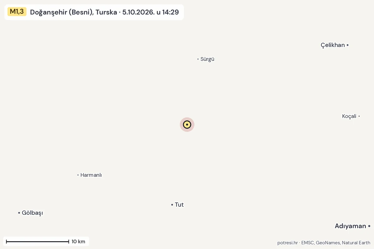Karta: okolica epicentra, 60 km, potres M1,3, Doğanşehir (Besni), Turska, 5.10.2026.