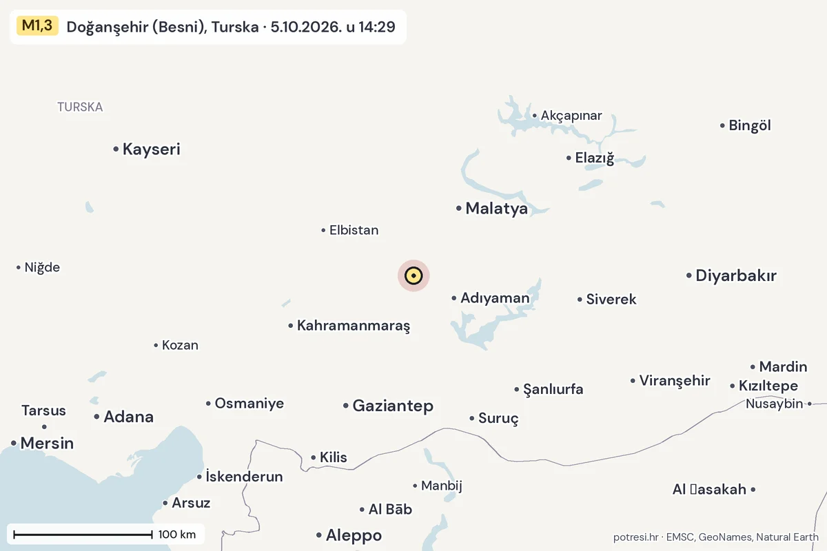 Karta: šire područje, 600 km, potres M1,3, Doğanşehir (Besni), Turska, 5.10.2026.