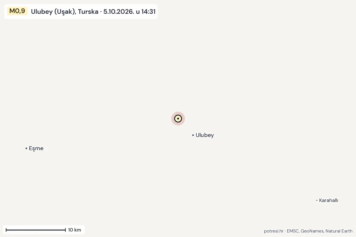 Karta: okolica epicentra, 60 km, potres M0,9, Ulubey (Uşak), Turska, 5.10.2026.