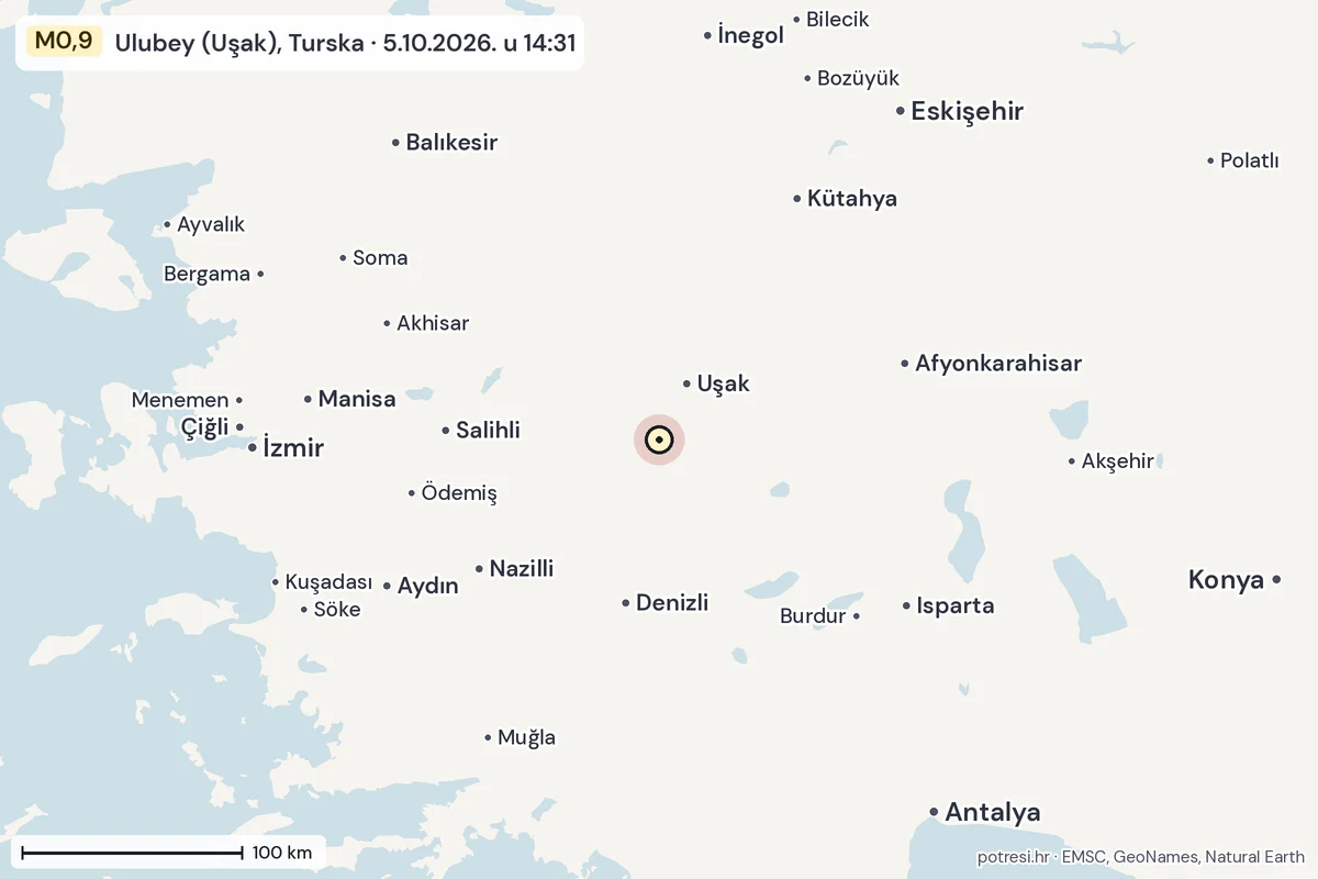 Karta: šire područje, 600 km, potres M0,9, Ulubey (Uşak), Turska, 5.10.2026.