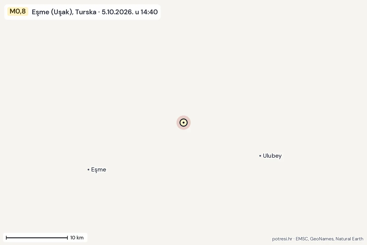 Karta: okolica epicentra, 60 km, potres M0,8, Eşme (Uşak), Turska, 5.10.2026.