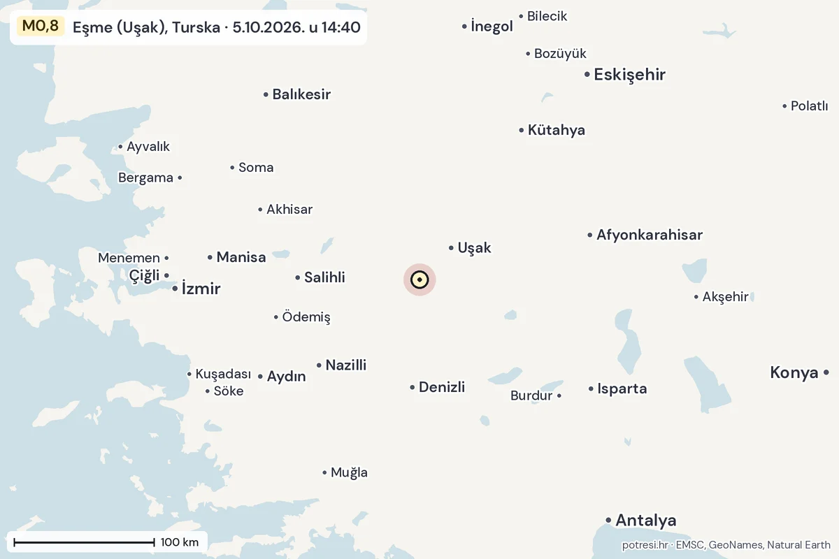 Karta: šire područje, 600 km, potres M0,8, Eşme (Uşak), Turska, 5.10.2026.