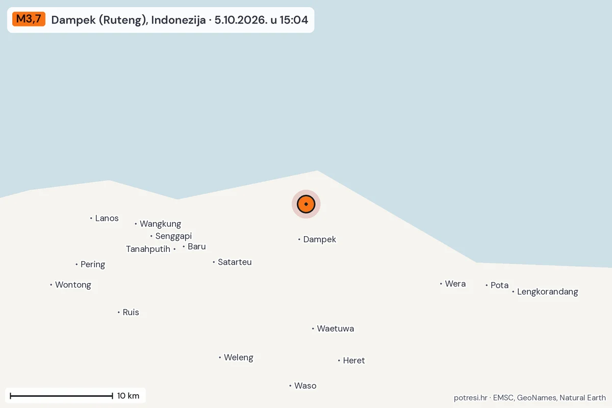 Karta: okolica epicentra, 60 km, potres M3,7, Dampek (Ruteng), Indonezija, 5.10.2026.