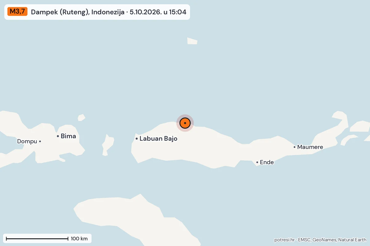 Karta: šire područje, 600 km, potres M3,7, Dampek (Ruteng), Indonezija, 5.10.2026.