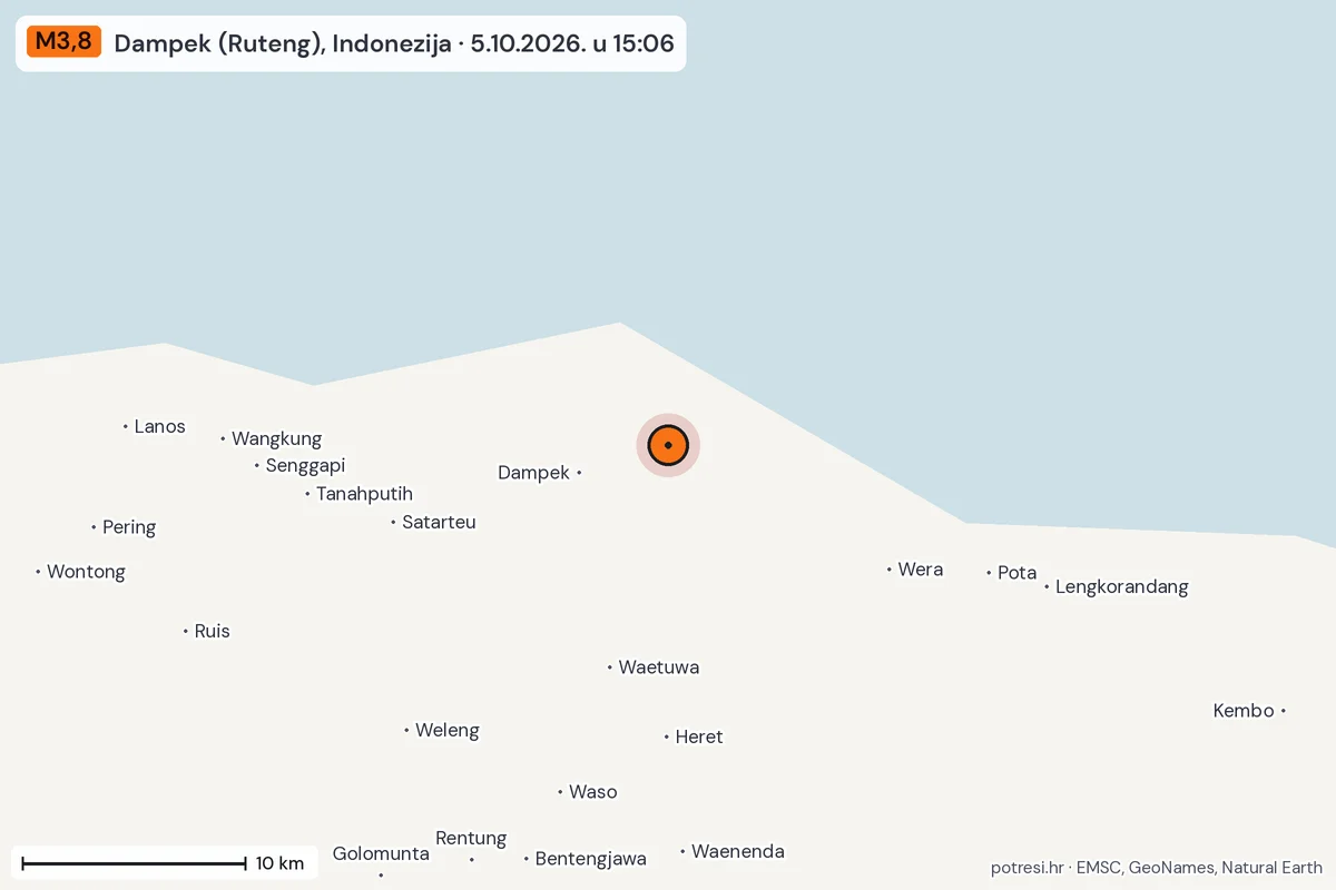 Karta: okolica epicentra, 60 km, potres M3,8, Dampek (Ruteng), Indonezija, 5.10.2026.