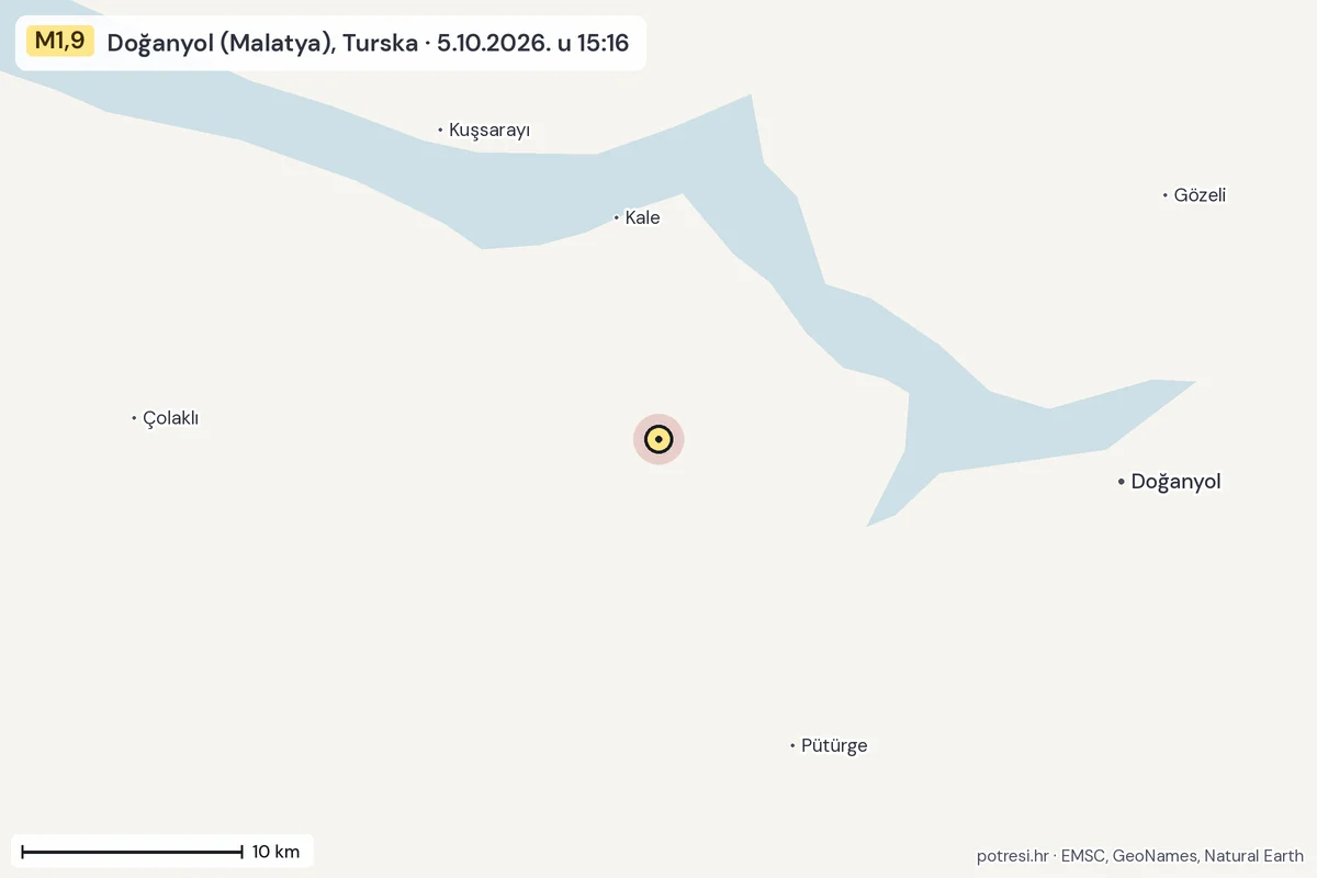Karta: okolica epicentra, 60 km, potres M1,9, Doğanyol (Malatya), Turska, 5.10.2026.