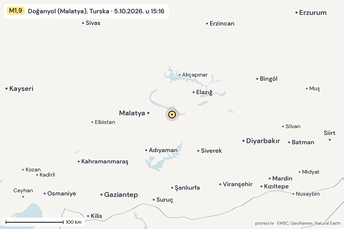 Karta: šire područje, 600 km, potres M1,9, Doğanyol (Malatya), Turska, 5.10.2026.