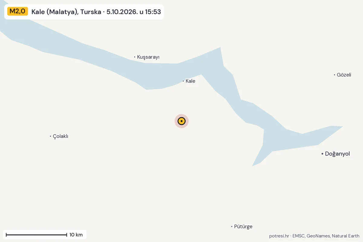 Karta: okolica epicentra, 60 km, potres M2,0, Kale (Malatya), Turska, 5.10.2026.