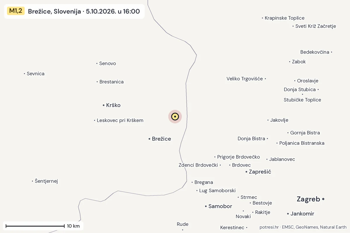 Karta: okolica epicentra, 60 km, potres M1,2, Brežice, Slovenija, 5.10.2026.