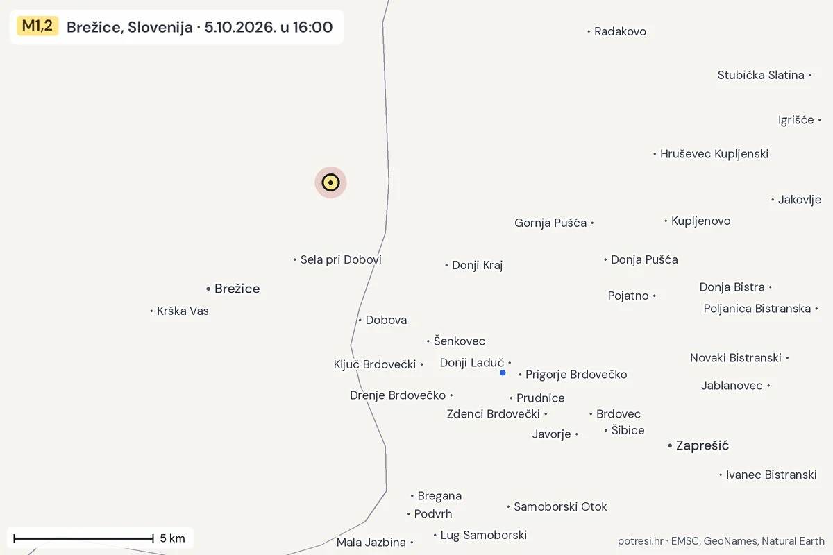 Karta: izvješća građana, potres M1,2, Brežice, Slovenija, 5.10.2026.