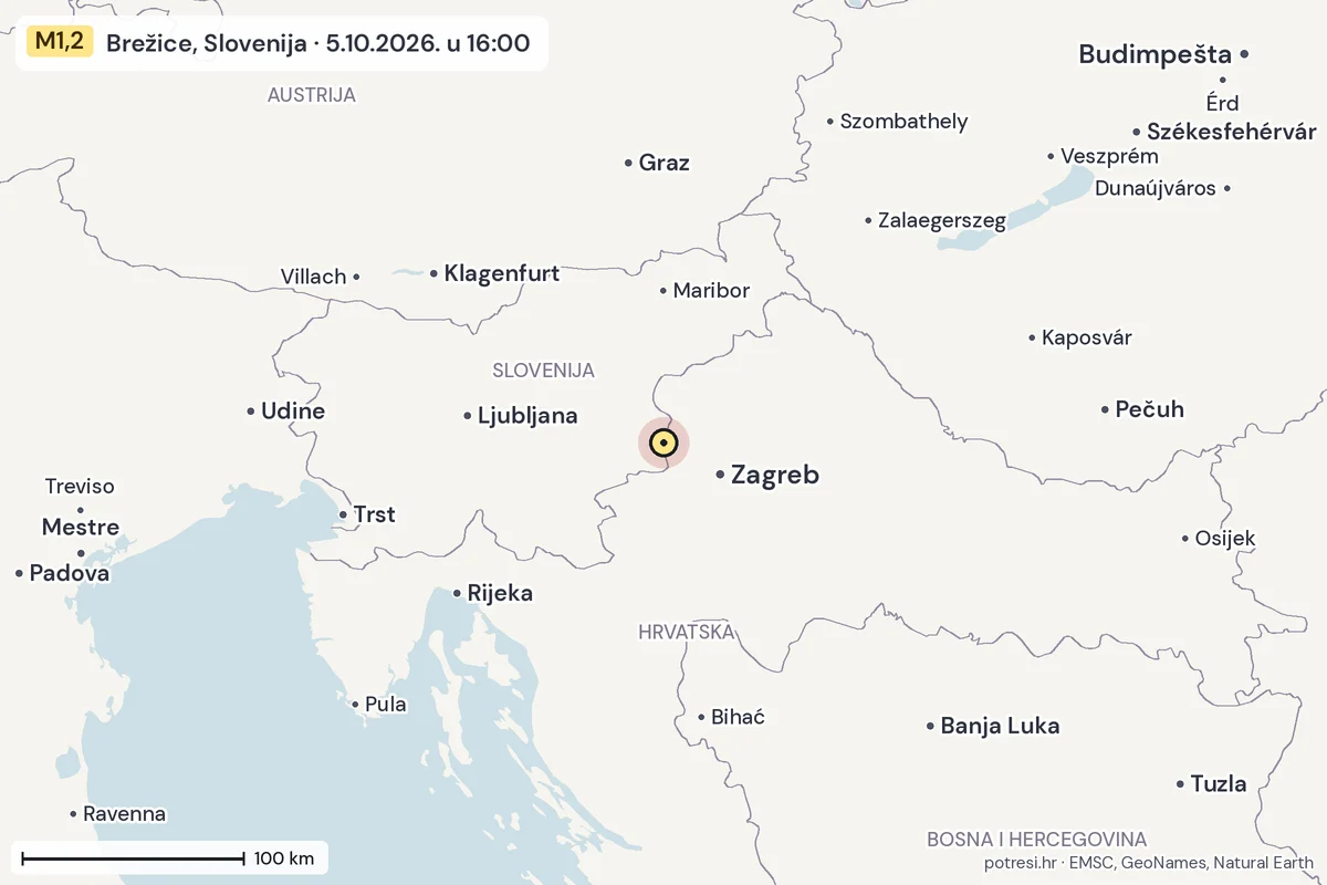 Karta: šire područje, 600 km, potres M1,2, Brežice, Slovenija, 5.10.2026.
