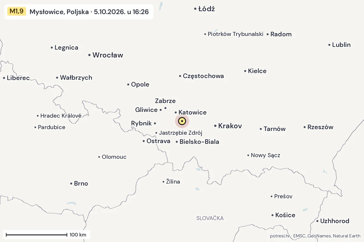 Karta: šire područje, 600 km, potres M1,9, Mysłowice, Poljska, 5.10.2026.