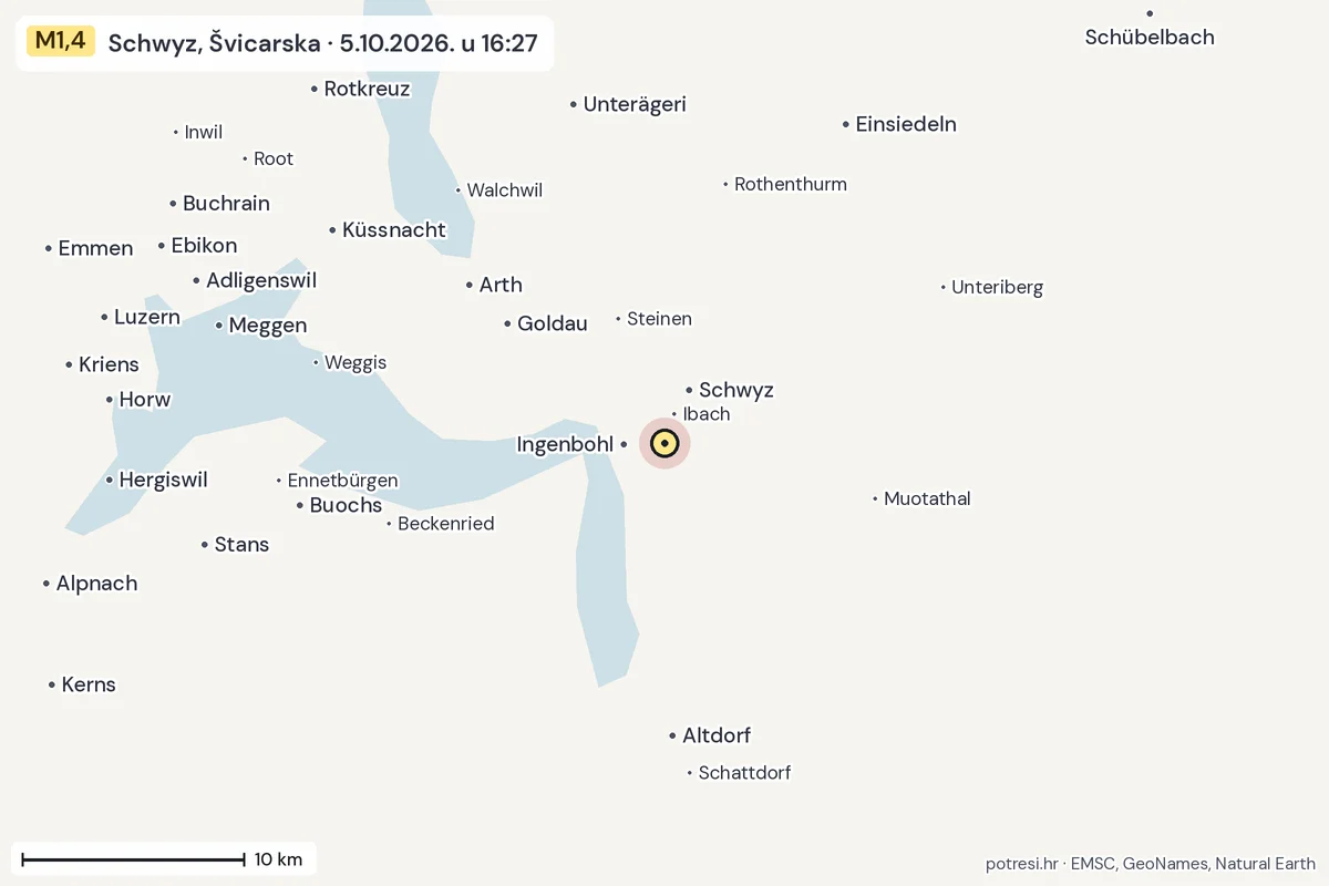 Karta: okolica epicentra, 60 km, potres M1,4, Schwyz, Švicarska, 5.10.2026.
