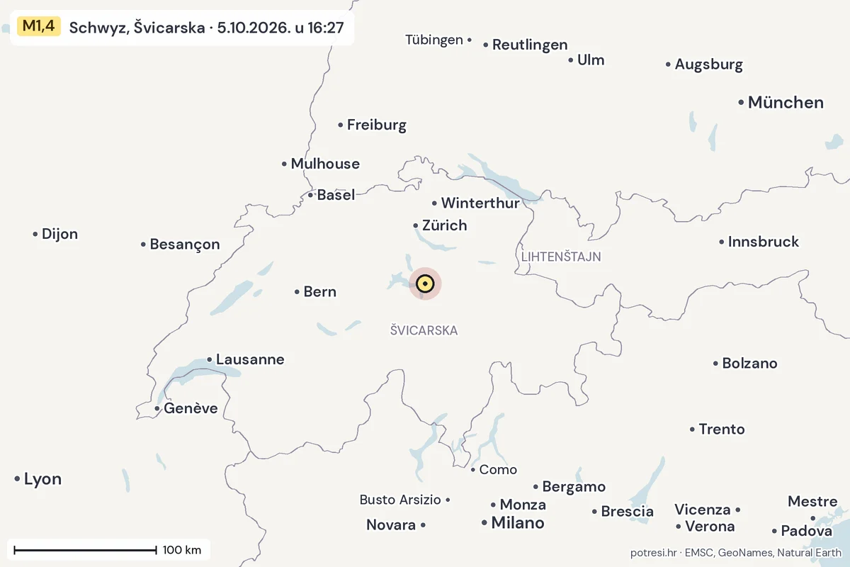 Karta: šire područje, 600 km, potres M1,4, Schwyz, Švicarska, 5.10.2026.