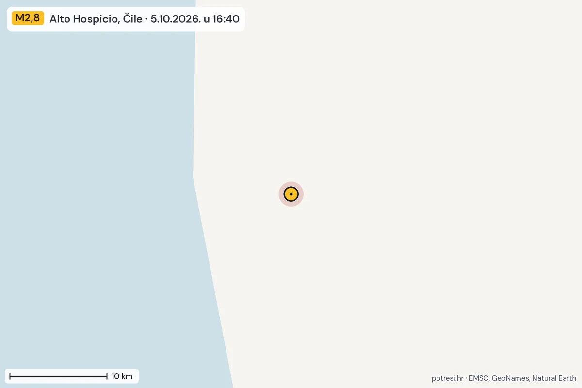 Karta: okolica epicentra, 60 km, potres M2,8, Alto Hospicio, Čile, 5.10.2026.