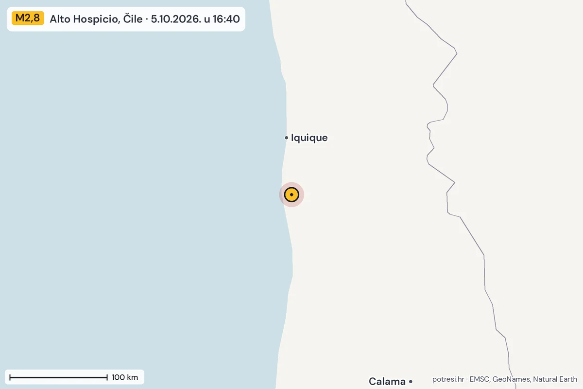 Karta: šire područje, 600 km, potres M2,8, Alto Hospicio, Čile, 5.10.2026.