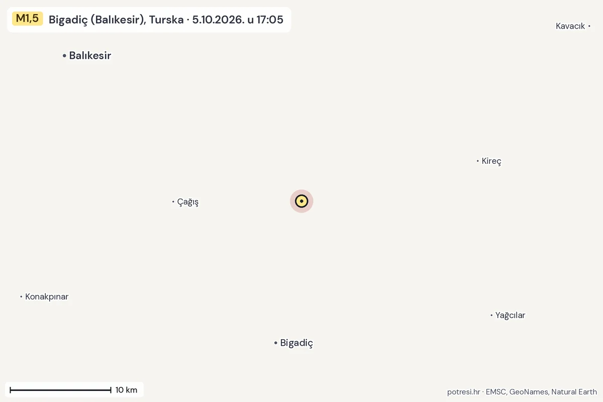 Karta: okolica epicentra, 60 km, potres M1,5, Bigadiç (Balıkesir), Turska, 5.10.2026.