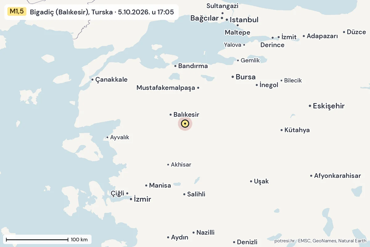Karta: šire područje, 600 km, potres M1,5, Bigadiç (Balıkesir), Turska, 5.10.2026.
