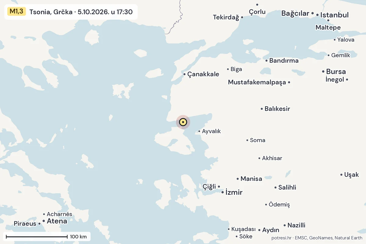 Karta: šire područje, 600 km, potres M1,3, Tsonia, Grčka, 5.10.2026.