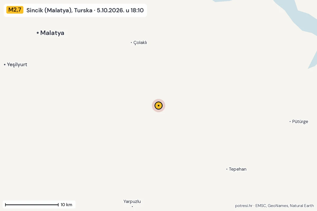 Karta: okolica epicentra, 60 km, potres M2,7, Sincik (Malatya), Turska, 5.10.2026.