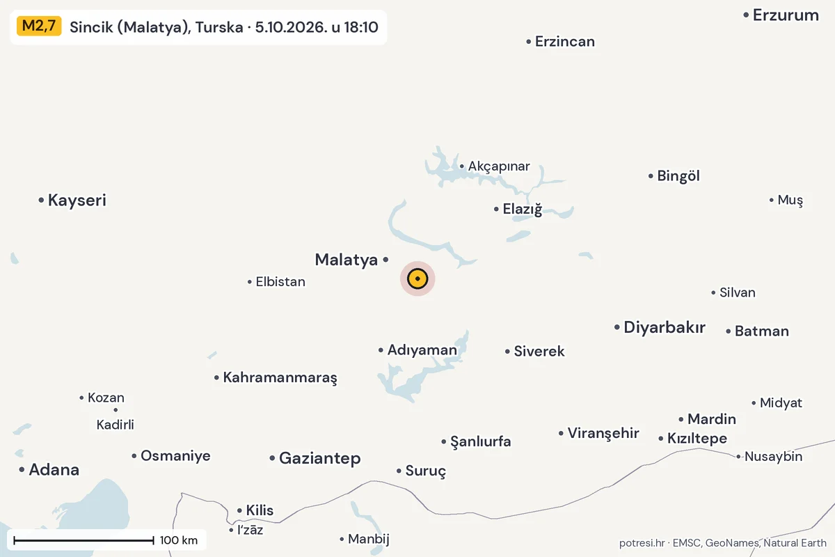 Karta: šire područje, 600 km, potres M2,7, Sincik (Malatya), Turska, 5.10.2026.
