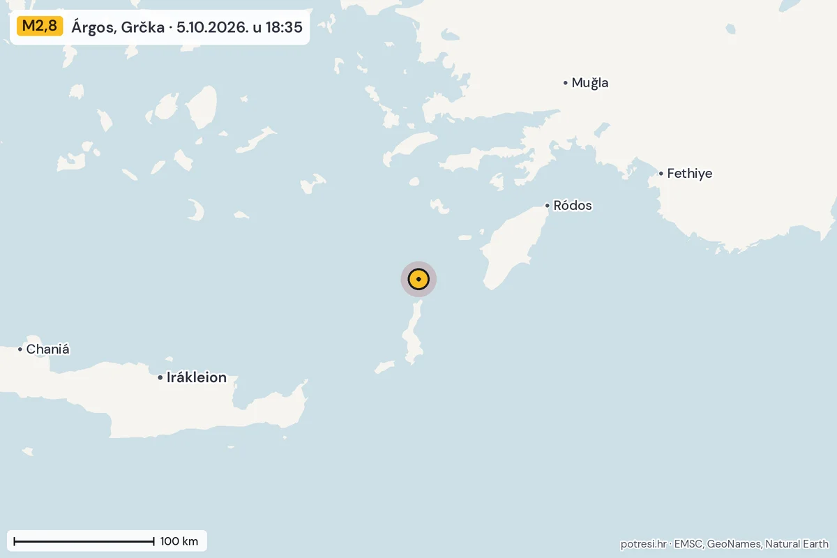 Karta: šire područje, 600 km, potres M2,8, Árgos, Grčka, 5.10.2026.