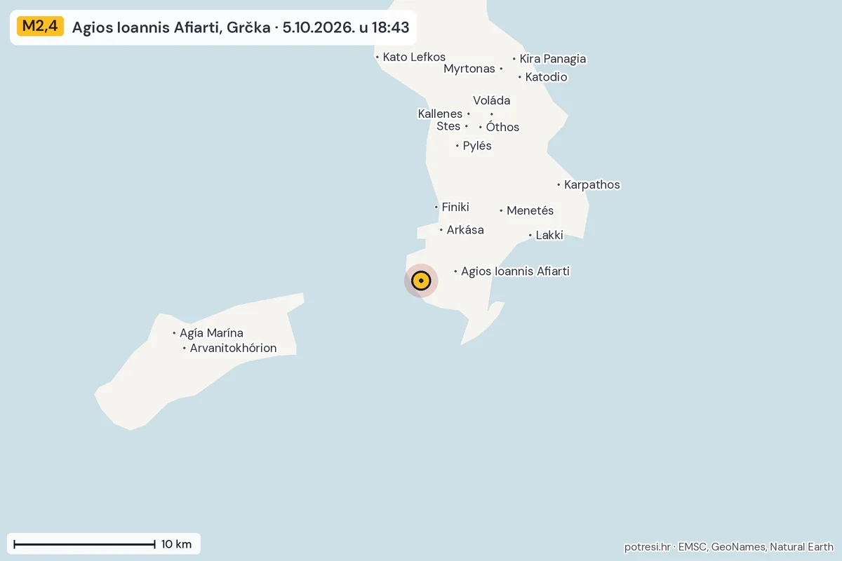 Karta: okolica epicentra, 60 km, potres M2,4, Agios Ioannis Afiarti, Grčka, 5.10.2026.