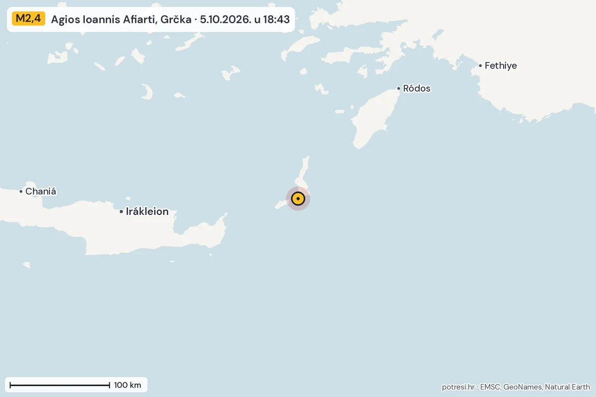 Karta: šire područje, 600 km, potres M2,4, Agios Ioannis Afiarti, Grčka, 5.10.2026.