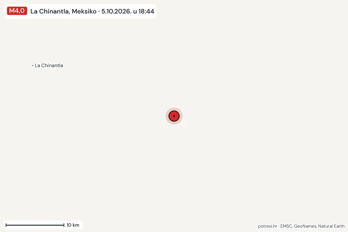 Karta: okolica epicentra, 60 km, potres M4,0, La Chinantla, Meksiko, 5.10.2026.