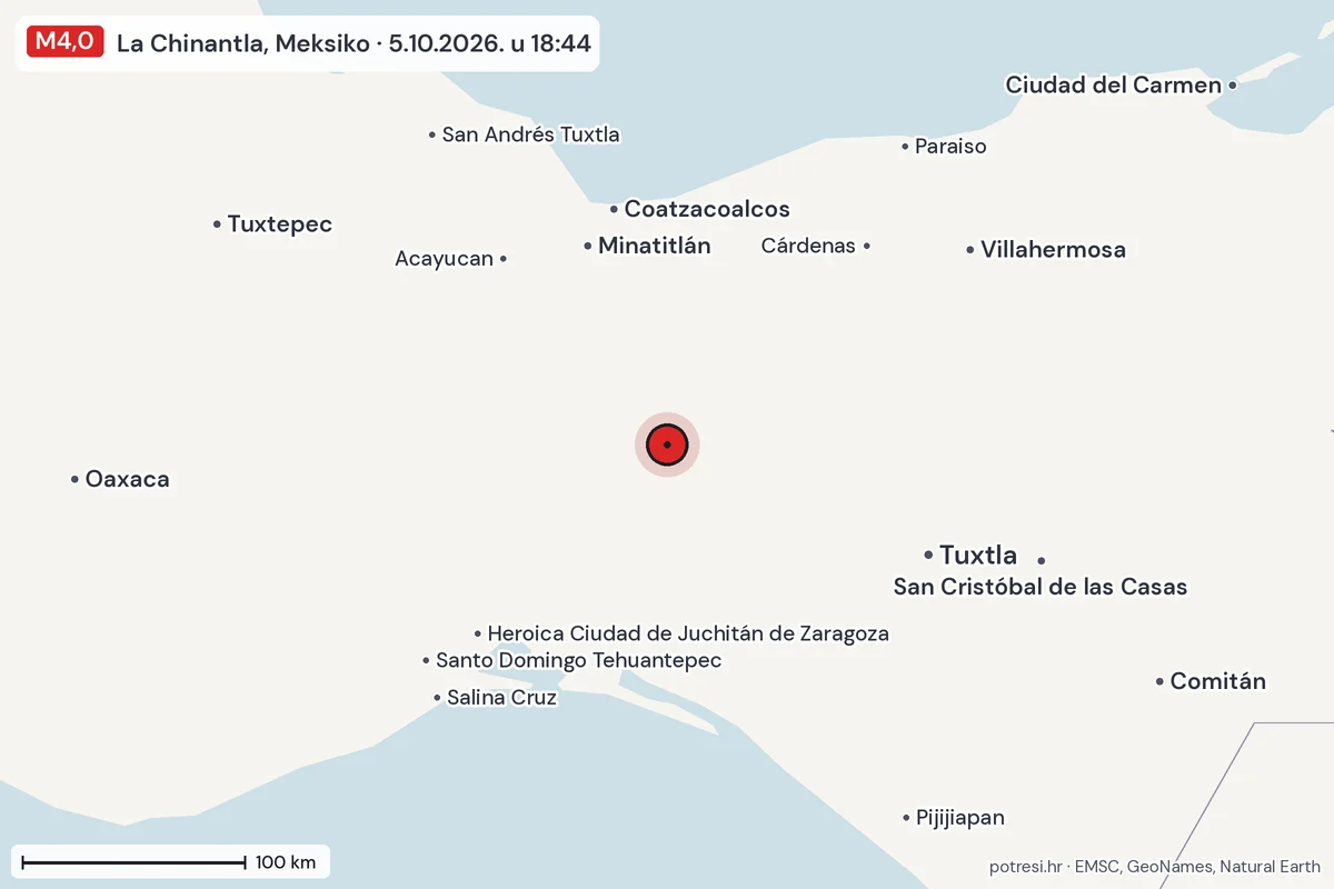 Karta: šire područje, 600 km, potres M4,0, La Chinantla, Meksiko, 5.10.2026.