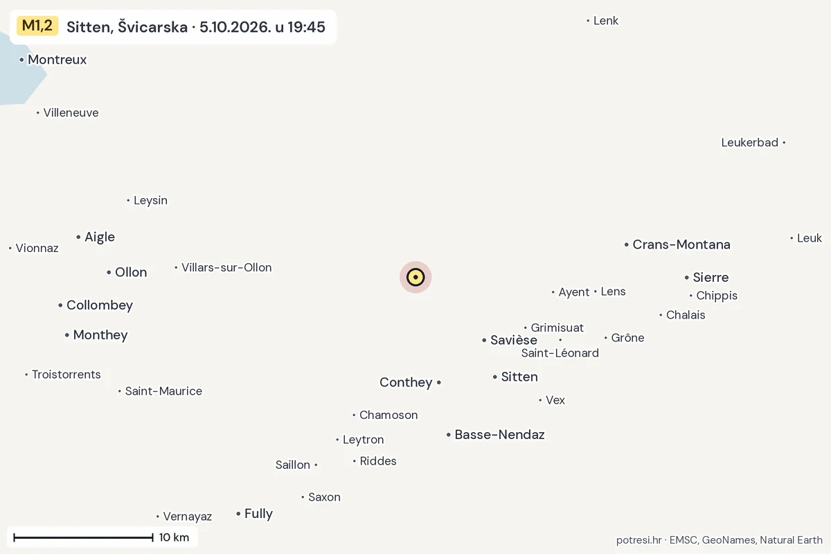 Karta: okolica epicentra, 60 km, potres M1,2, Sitten, Švicarska, 5.10.2026.